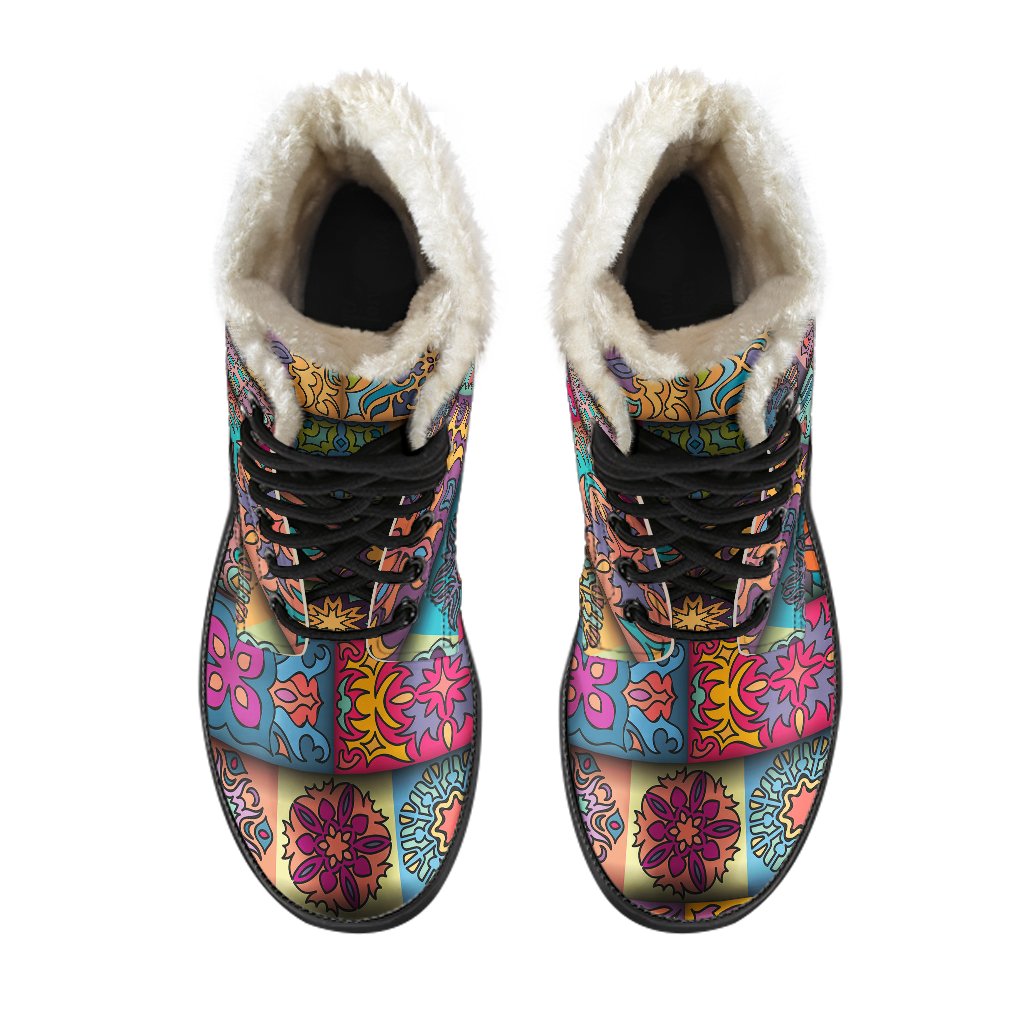Mandala Style Design Print Faux Fur Leather Boots-JTAMIGO.COM