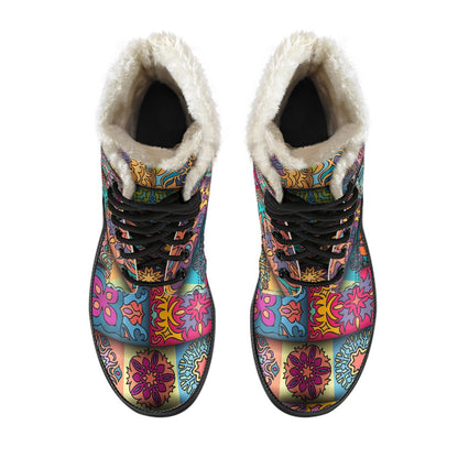 Mandala Style Design Print Faux Fur Leather Boots-JTAMIGO.COM