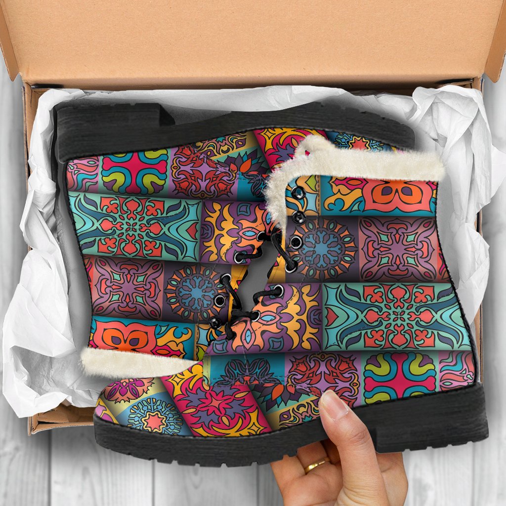 Mandala Style Design Print Faux Fur Leather Boots-JTAMIGO.COM