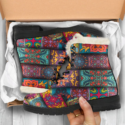 Mandala Style Design Print Faux Fur Leather Boots-JTAMIGO.COM