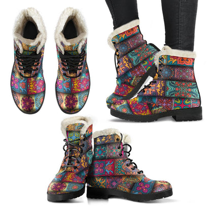 Mandala Style Design Print Faux Fur Leather Boots-JTAMIGO.COM