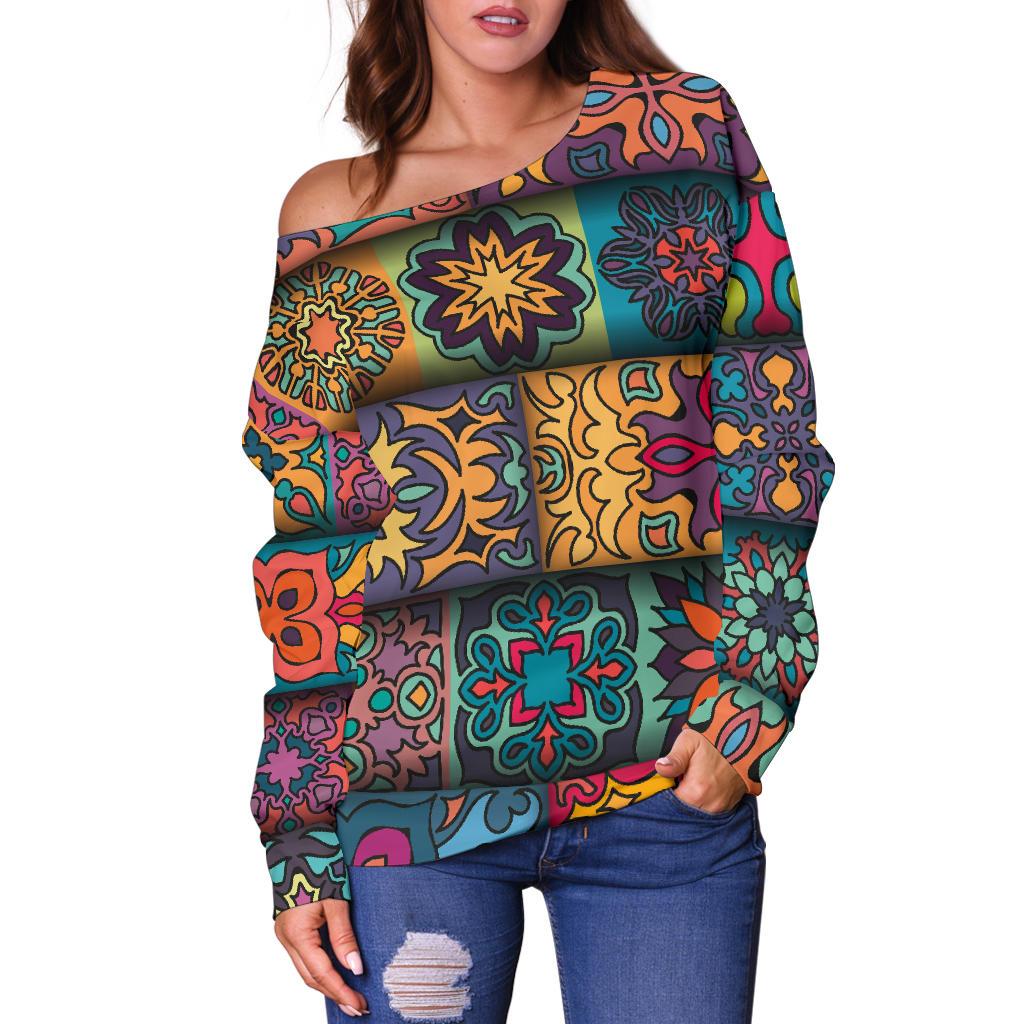 Mandala Style Design Print Off Shoulder Sweatshirt