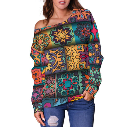Mandala Style Design Print Off Shoulder Sweatshirt