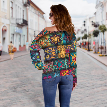 Mandala Style Design Print Off Shoulder Sweatshirt