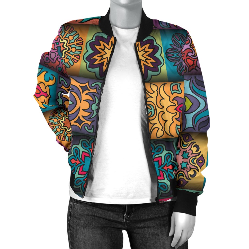 Mandala Style Design Print Women Casual Bomber Jacket