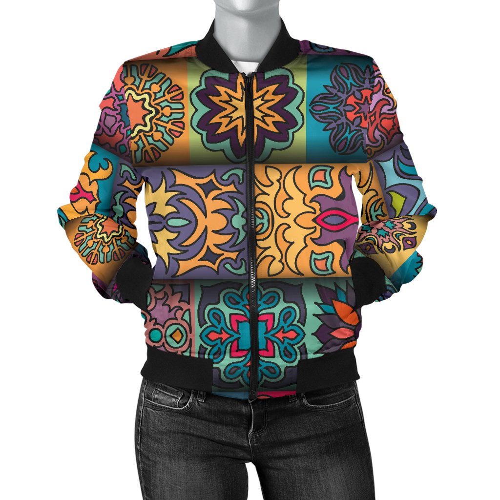Mandala Style Design Print Women Casual Bomber Jacket