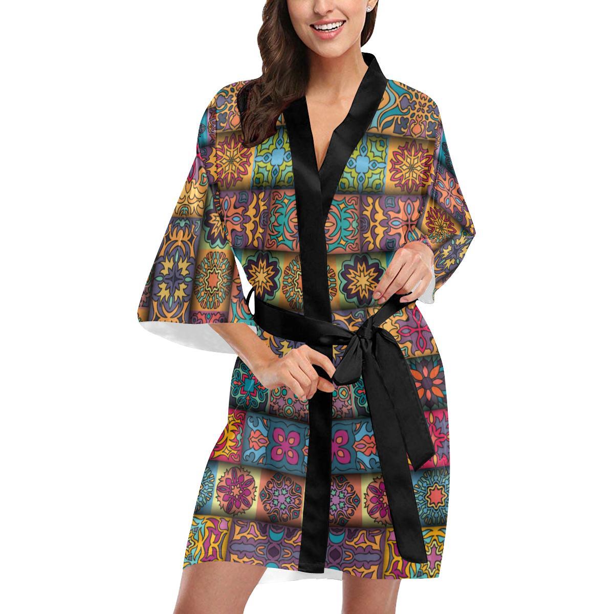 Mandala Style Design Print Women Short Kimono Robe