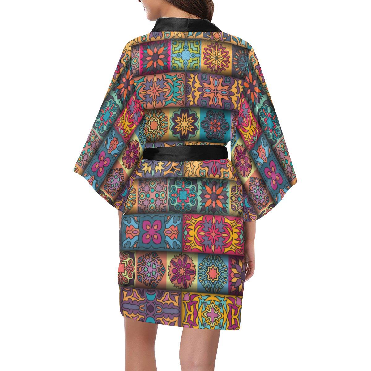 Mandala Style Design Print Women Short Kimono Robe