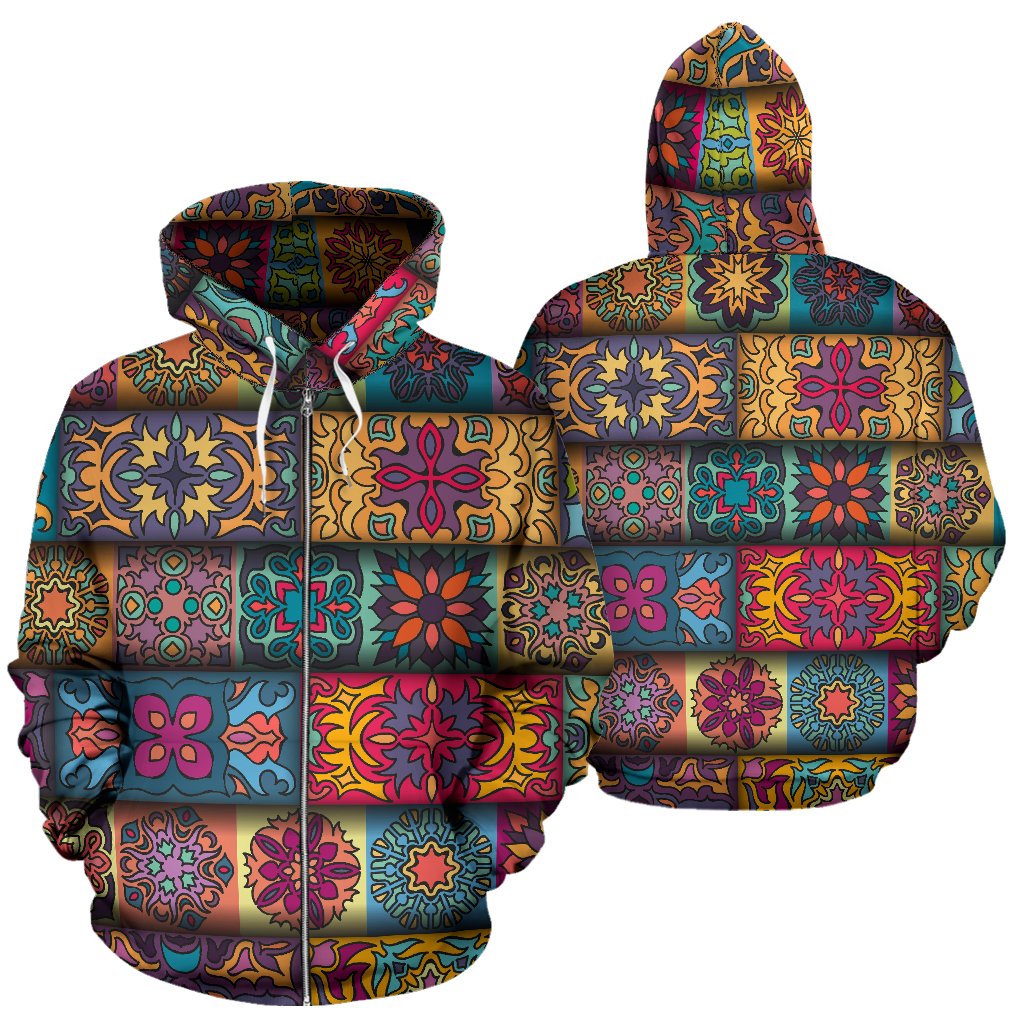 Mandala Style Design Print Zip Up Hoodie