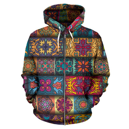 Mandala Style Design Print Zip Up Hoodie