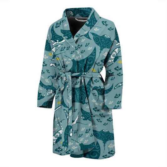 Manta Ray Tribal Pattern Print Design 03 Men Bathrobe-JORJUNE.COM