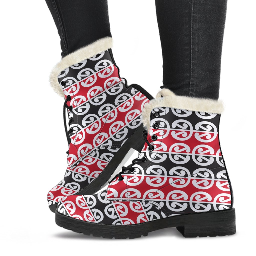 Maori Classic Themed Design Print Faux Fur Leather Boots-JTAMIGO.COM
