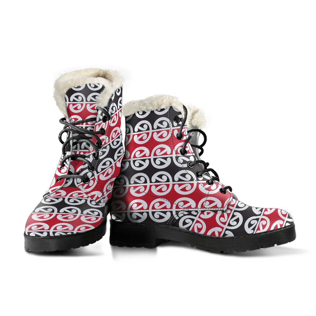Maori Classic Themed Design Print Faux Fur Leather Boots-JTAMIGO.COM