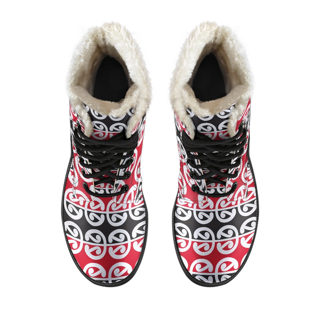 Maori Classic Themed Design Print Faux Fur Leather Boots-JTAMIGO.COM