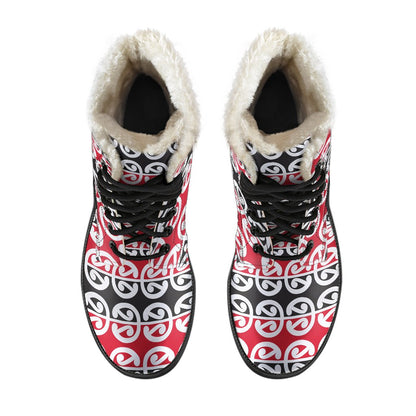 Maori Classic Themed Design Print Faux Fur Leather Boots-JTAMIGO.COM