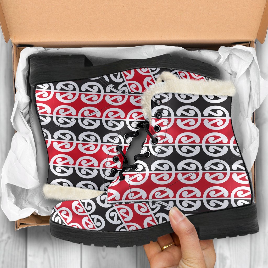 Maori Classic Themed Design Print Faux Fur Leather Boots-JTAMIGO.COM