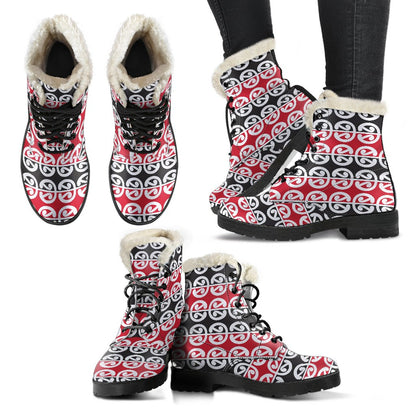Maori Classic Themed Design Print Faux Fur Leather Boots-JTAMIGO.COM