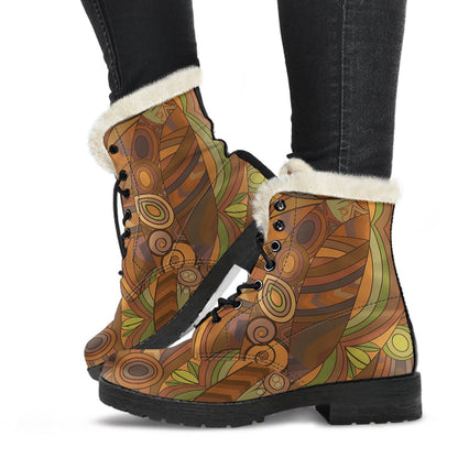 Maori Ornament Design Print Faux Fur Leather Boots-JTAMIGO.COM