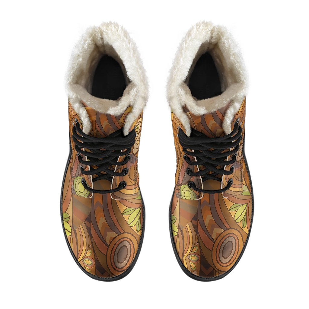 Maori Ornament Design Print Faux Fur Leather Boots-JTAMIGO.COM