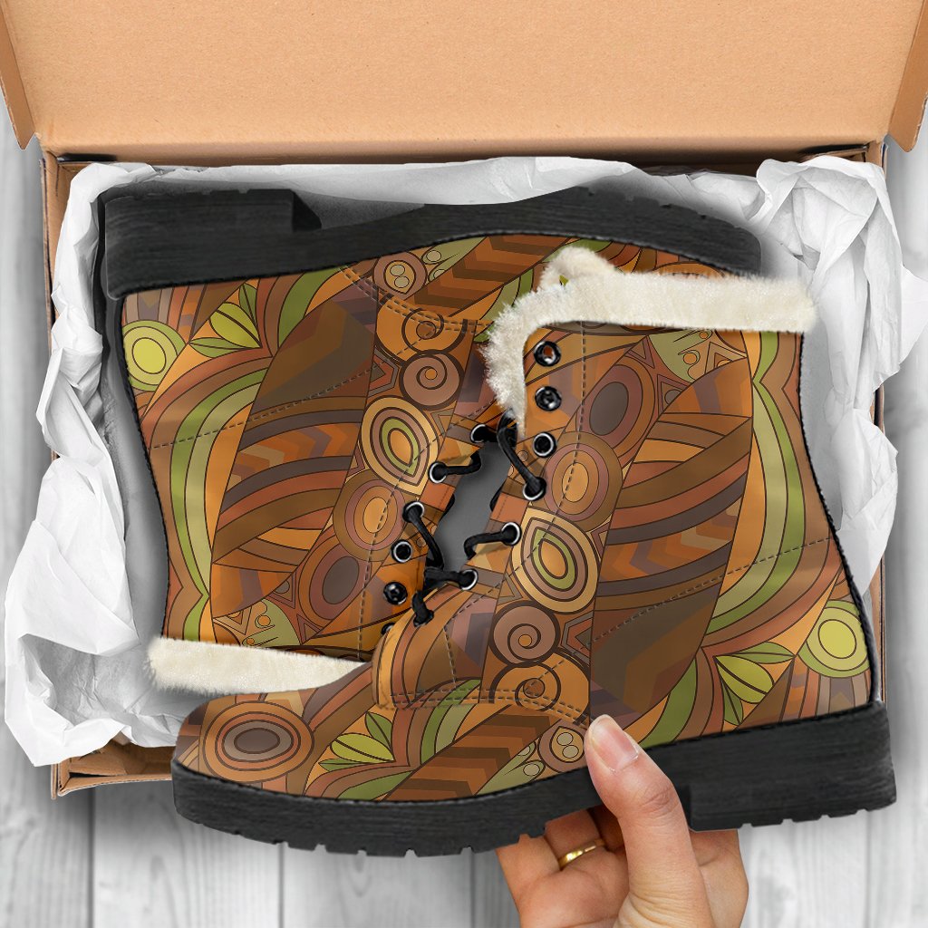 Maori Ornament Design Print Faux Fur Leather Boots-JTAMIGO.COM