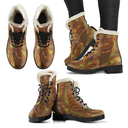 Maori Ornament Design Print Faux Fur Leather Boots-JTAMIGO.COM