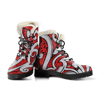 Maori Polynesian Themed Design Print Faux Fur Leather Boots-JTAMIGO.COM