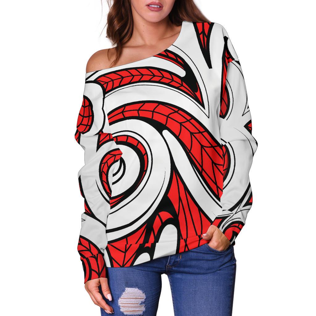 Maori Polynesian Themed Design Print Off Shoulder Sweatshirt