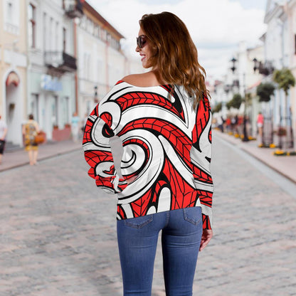 Maori Polynesian Themed Design Print Off Shoulder Sweatshirt