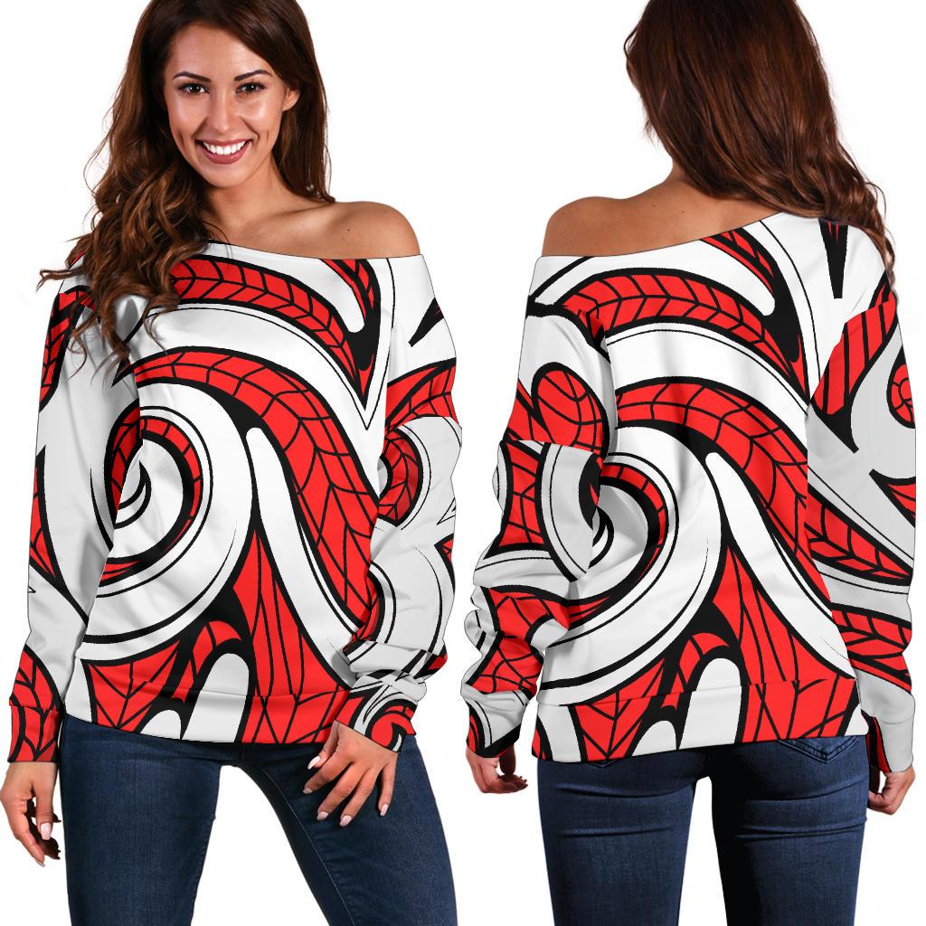 Maori Polynesian Themed Design Print Off Shoulder Sweatshirt
