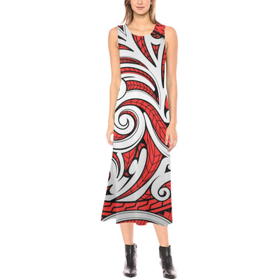 Maori Polynesian Themed Design Print Sleeveless Open Fork Long Dress (Model D08)-JTAMIGO.COM