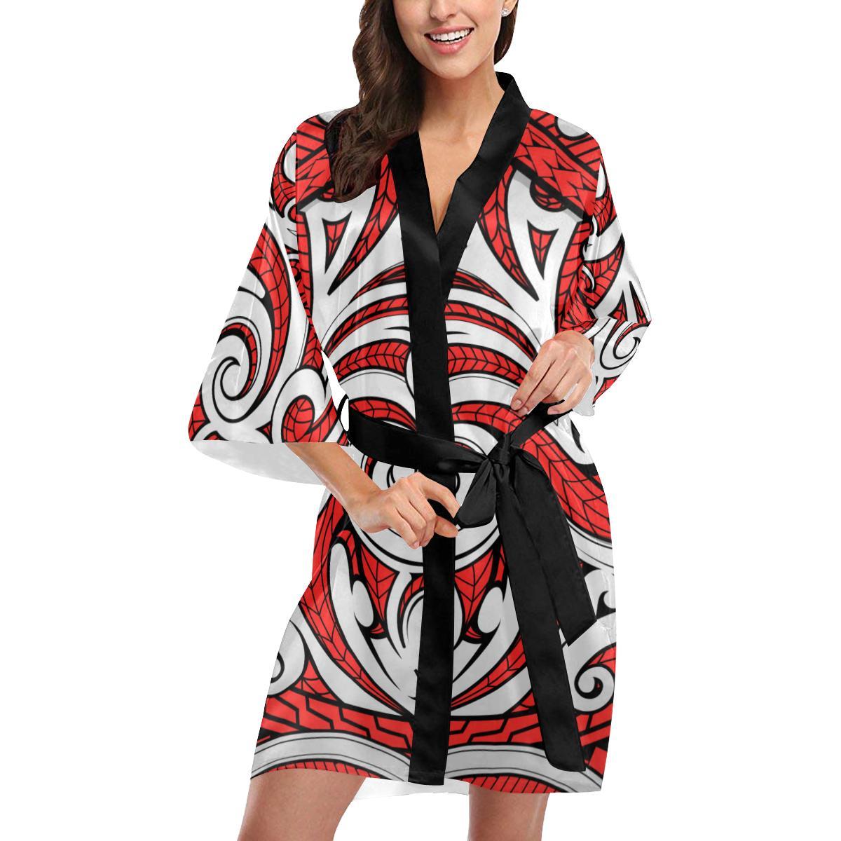 Maori Polynesian Themed Design Print Women Short Kimono Robe
