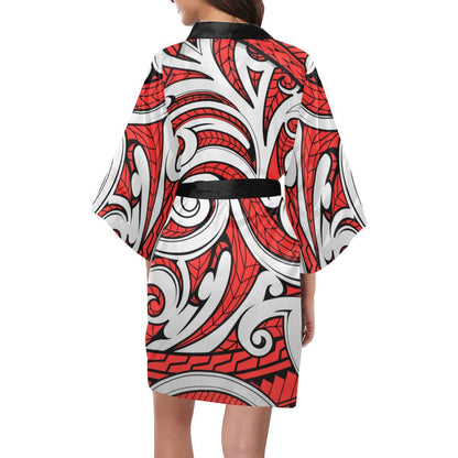 Maori Polynesian Themed Design Print Women Short Kimono Robe