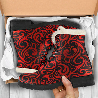 Maori Red Black Themed Design Faux Fur Leather Boots-JTAMIGO.COM