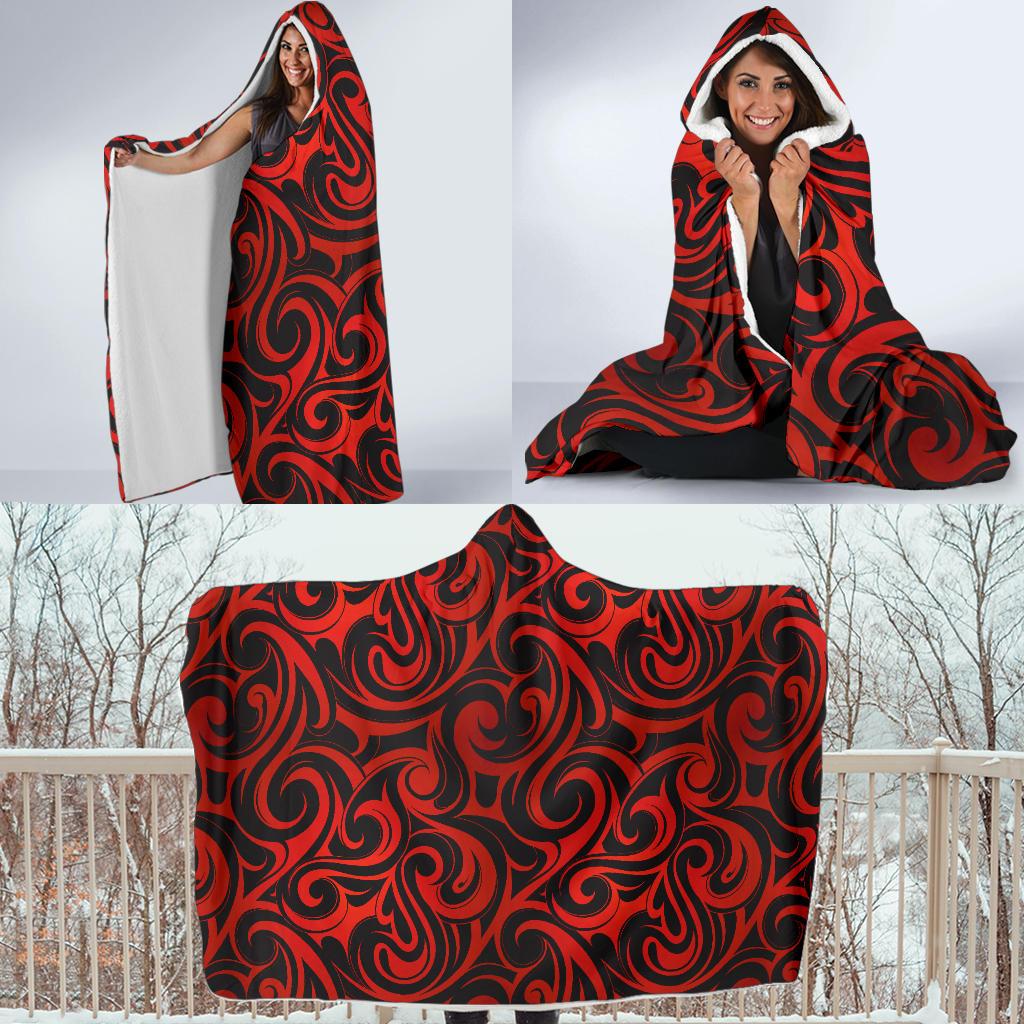 Maori Red Black Themed Design Hooded Blanket-JTAMIGO.COM