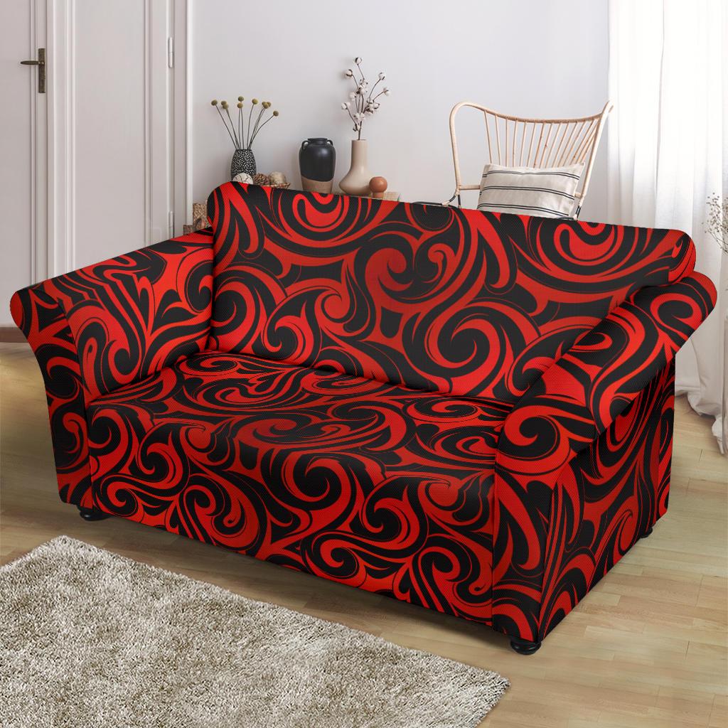 Maori Red Black Themed Design Loveseat Slipcover-JTAMIGO.COM