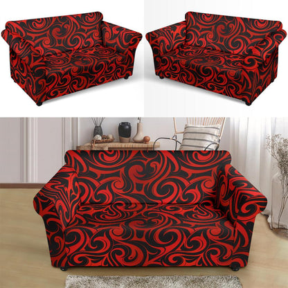 Maori Red Black Themed Design Loveseat Slipcover-JTAMIGO.COM