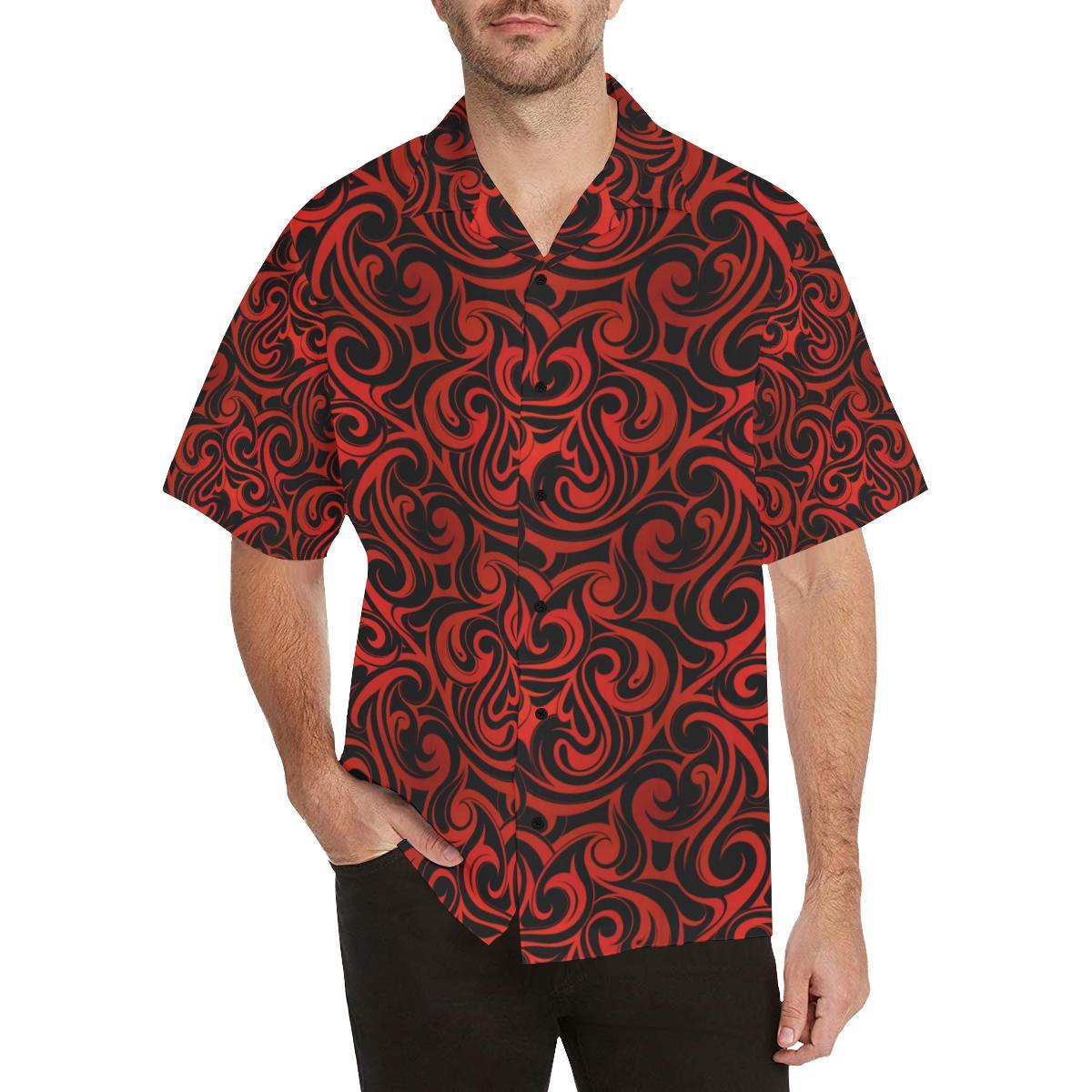 Maori Red Black Themed Design Men Aloha Hawaiian Shirt