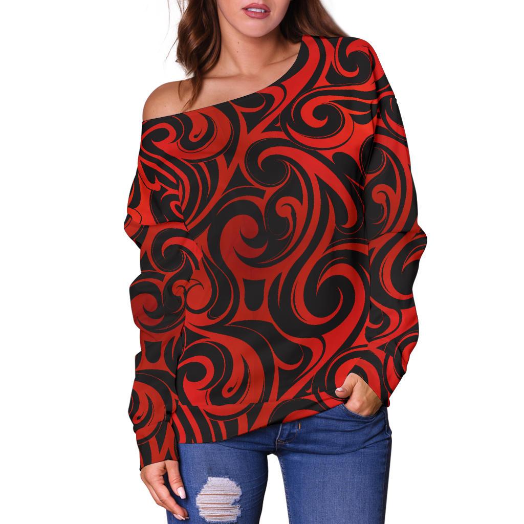 Maori Red Black Themed Design Off Shoulder Sweatshirt