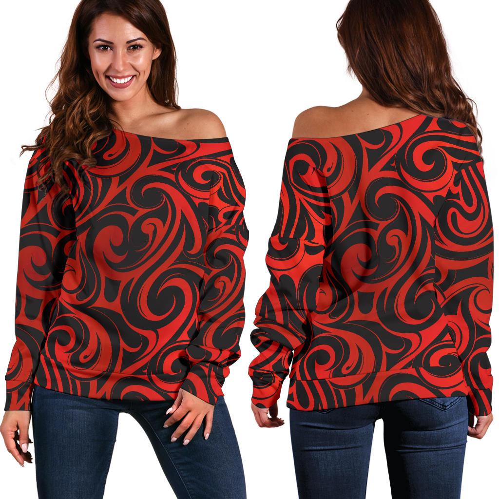 Maori Red Black Themed Design Off Shoulder Sweatshirt