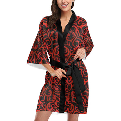 Maori Red Black Themed Design Women Short Kimono Robe