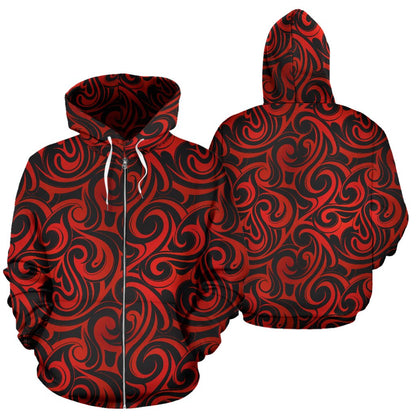 Maori Red Black Themed Design Zip Up Hoodie