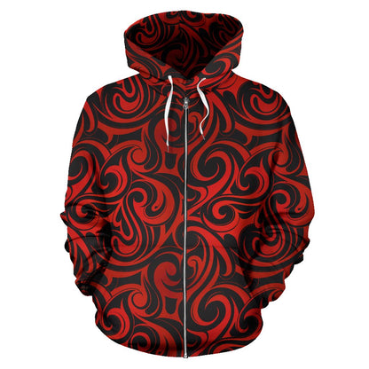 Maori Red Black Themed Design Zip Up Hoodie