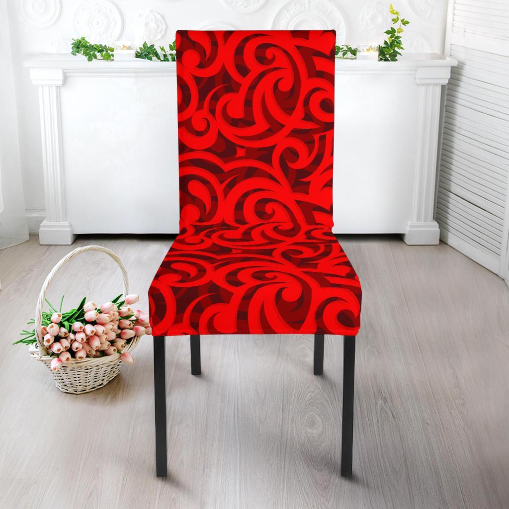 Maori Red Themed Design Print Dining Chair Slipcover-JTAMIGO.COM