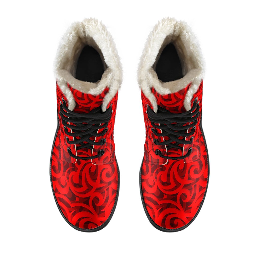 Maori Red Themed Design Print Faux Fur Leather Boots-JTAMIGO.COM