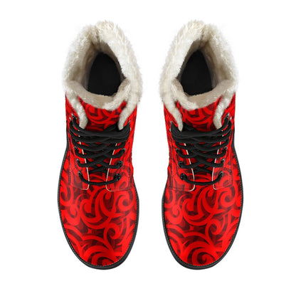 Maori Red Themed Design Print Faux Fur Leather Boots-JTAMIGO.COM