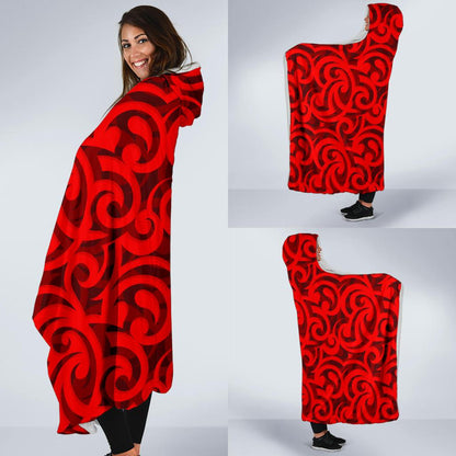 Maori Red Themed Design Print Hooded Blanket-JTAMIGO.COM