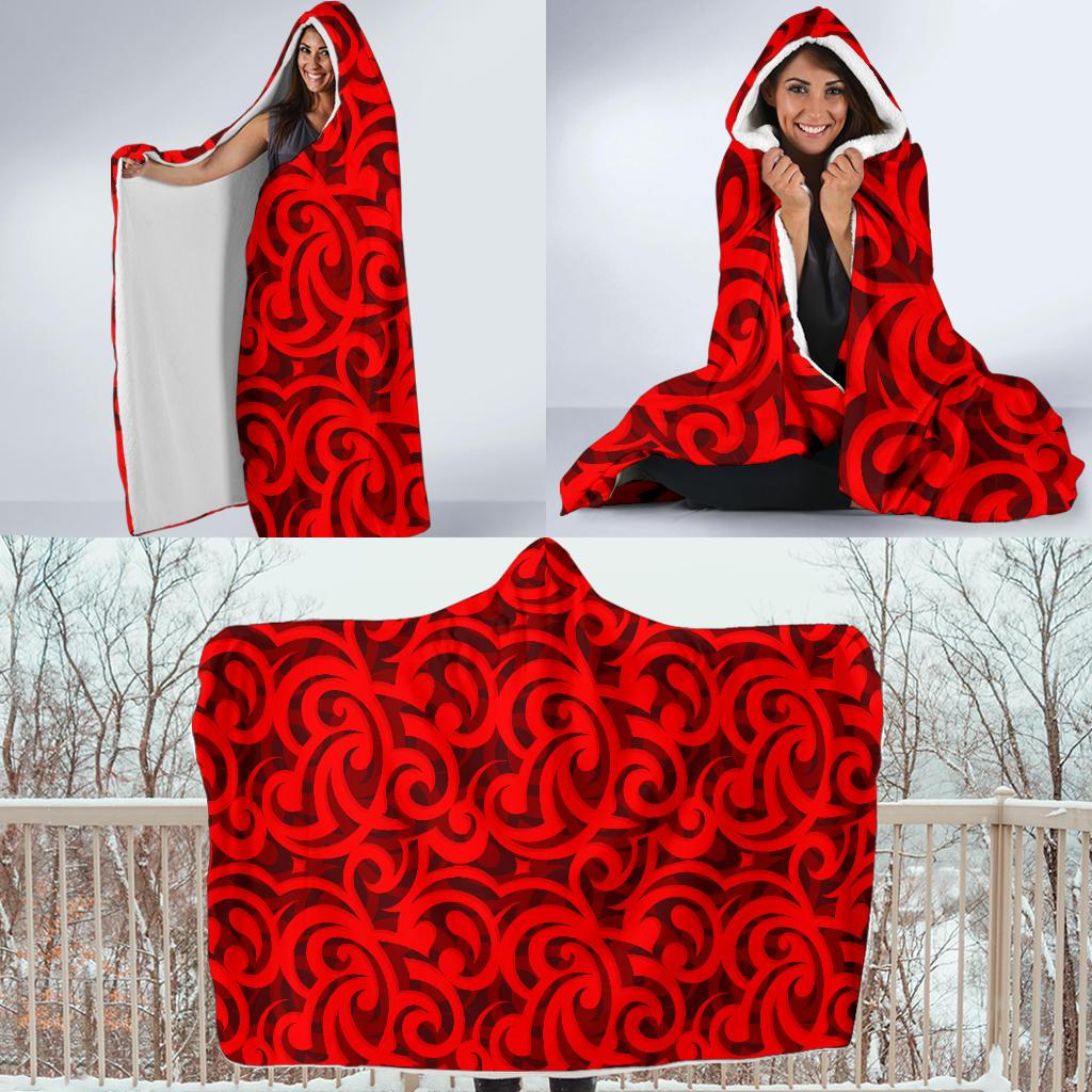 Maori Red Themed Design Print Hooded Blanket-JTAMIGO.COM