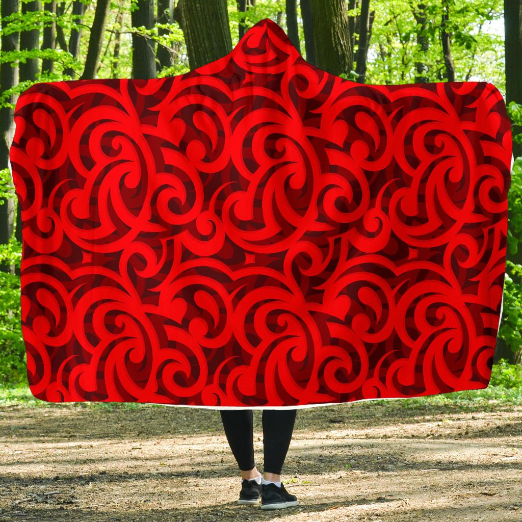 Maori Red Themed Design Print Hooded Blanket-JTAMIGO.COM