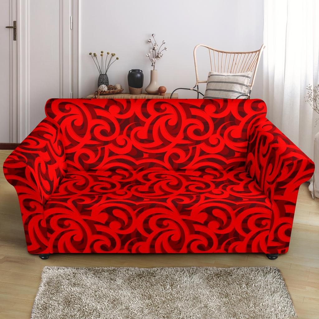 Maori Red Themed Design Print Loveseat Slipcover-JTAMIGO.COM