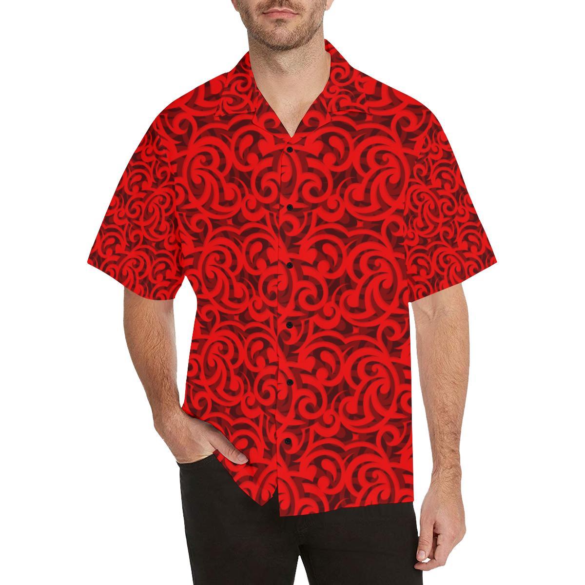 Maori Red Themed Design Print Men Aloha Hawaiian Shirt